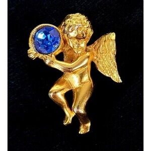 Vintage Avon Sapphire Birthstone 3D Guardian Angel Lapel Pin Signed Brooch 1"
